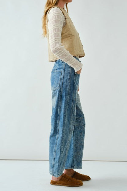 Embroidered Detail Cotton Barrel Jeans