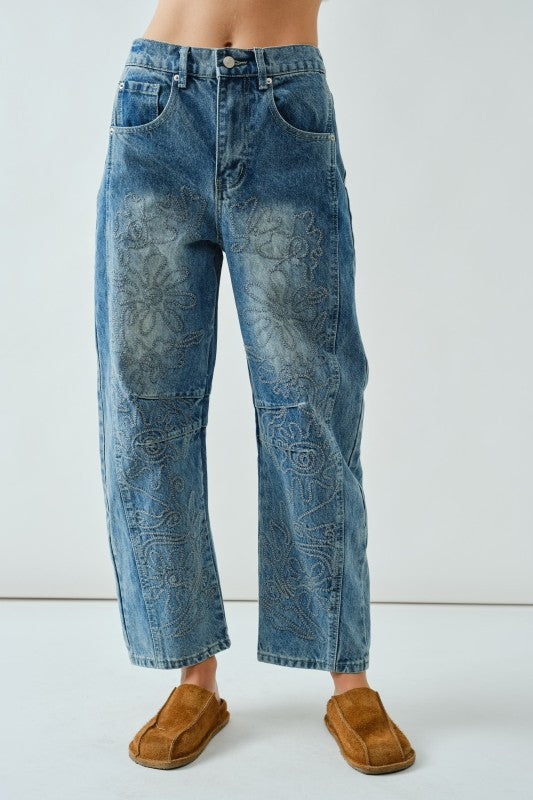 Embroidered Detail Cotton Barrel Jeans