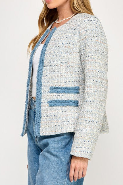 Trim Detail Open Front Tweed Jacket