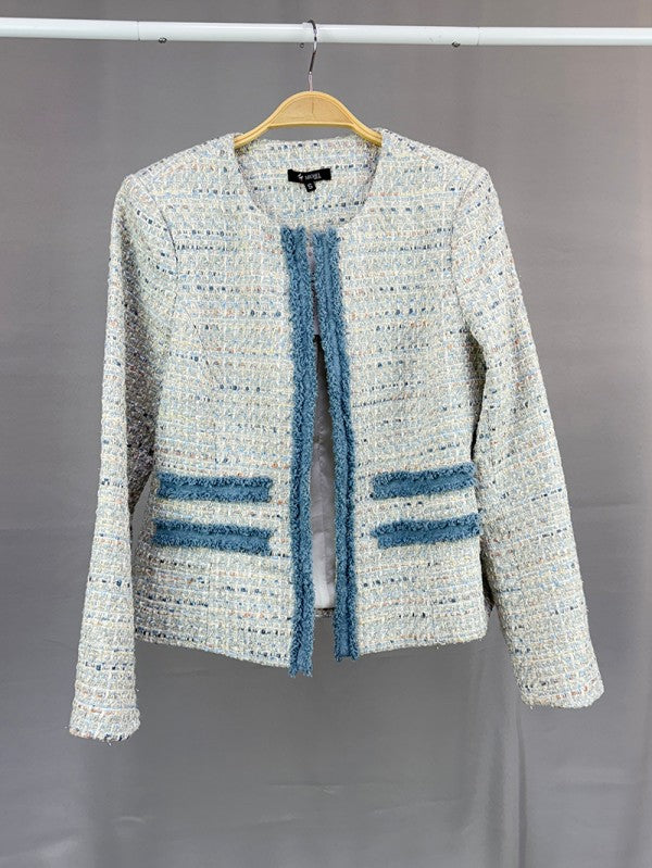 Trim Detail Open Front Tweed Jacket