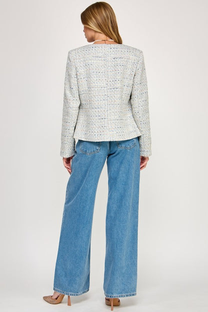 Trim Detail Open Front Tweed Jacket