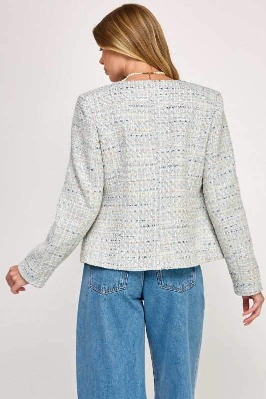Trim Detail Open Front Tweed Jacket
