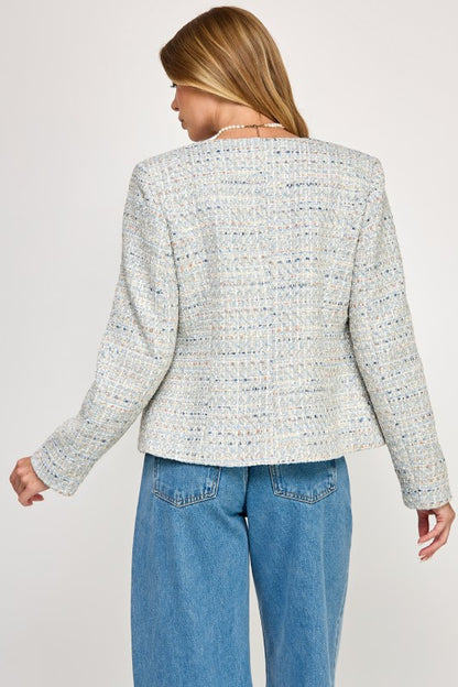 Trim Detail Open Front Tweed Jacket