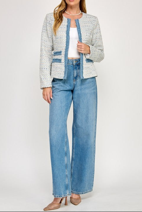 Trim Detail Open Front Tweed Jacket
