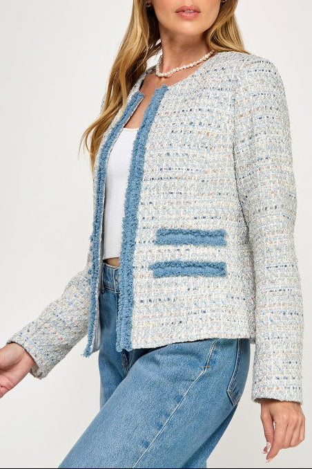 Trim Detail Open Front Tweed Jacket