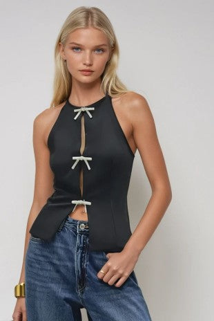 Rhinestone Bow Tie Halter Sleeveless Blouse