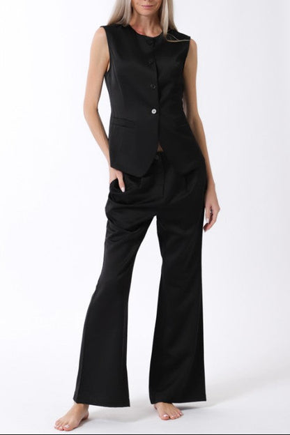 Sleeveless Button Down Vest Top & Long Pants Set