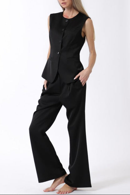 Sleeveless Button Down Vest Top & Long Pants Set
