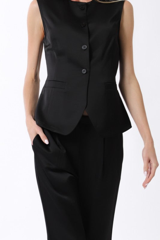 Sleeveless Button Down Vest Top & Long Pants Set