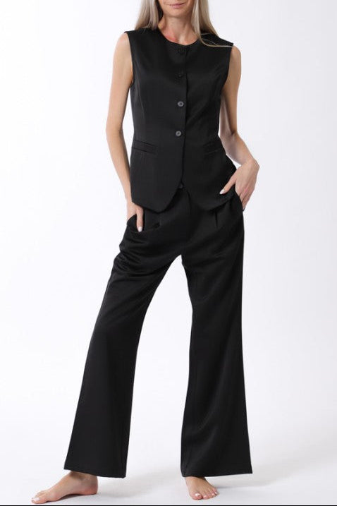 Sleeveless Button Down Vest Top & Long Pants Set