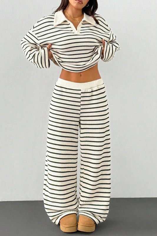 Striped Knit Pants Set With Collared Top