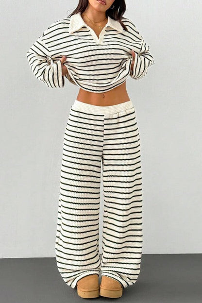 Striped Knit Pants Set With Collared Top