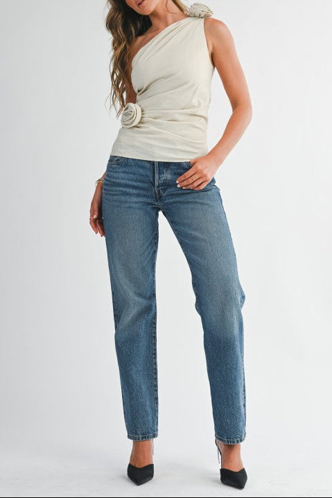 One-shoulder Rosette Waist Top