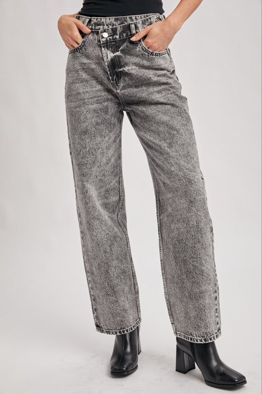 Denim High Rise Crossover Button Wide Leg Jeans
