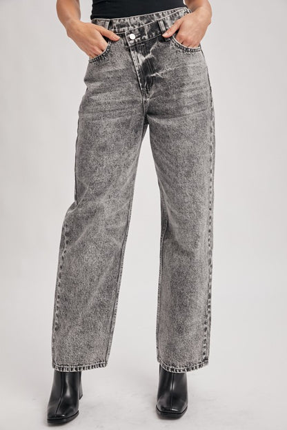 Denim High Rise Crossover Button Wide Leg Jeans