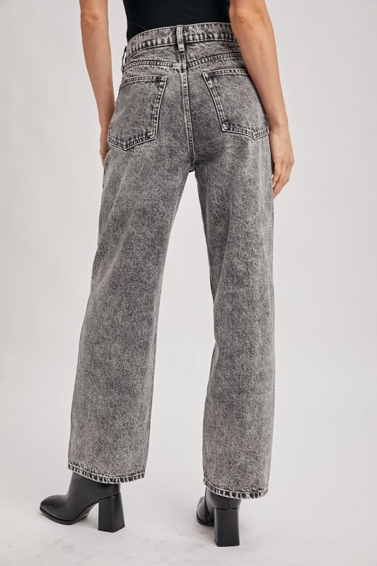 Denim High Rise Crossover Button Wide Leg Jeans