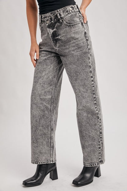 Denim High Rise Crossover Button Wide Leg Jeans