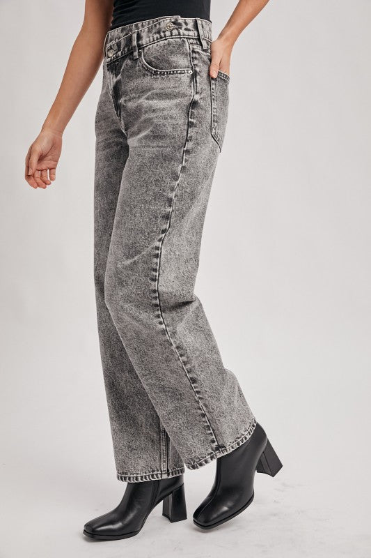Denim High Rise Crossover Button Wide Leg Jeans