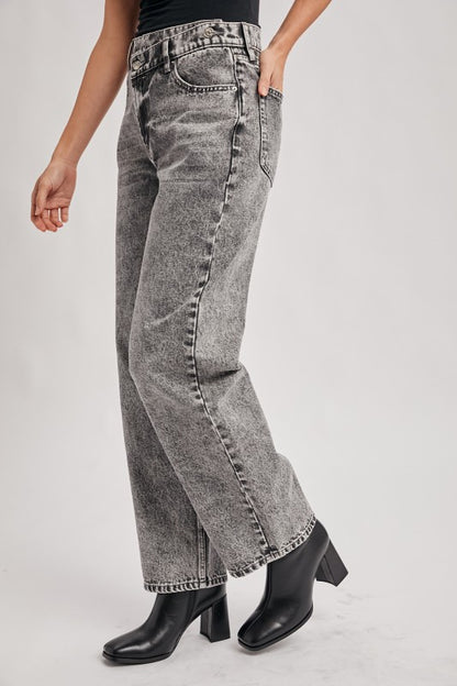 Denim High Rise Crossover Button Wide Leg Jeans