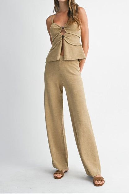 Front Cut Out Knit Top And Long Pants Set