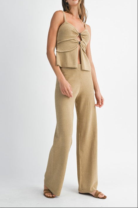 Front Cut Out Knit Top And Long Pants Set