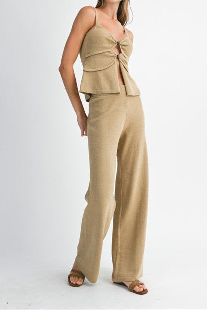 Front Cut Out Knit Top And Long Pants Set