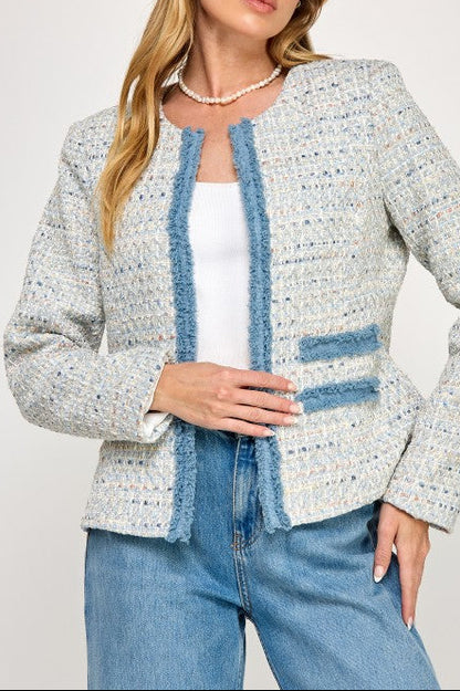 Trim Detail Open Front Tweed Jacket