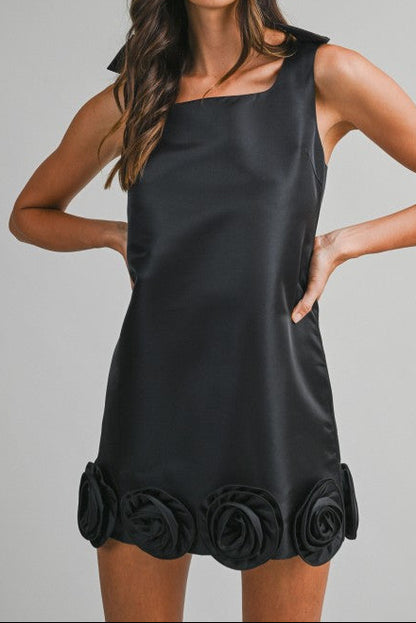 Ribbon Soulder Strap Mini Dress With Rosette Hem