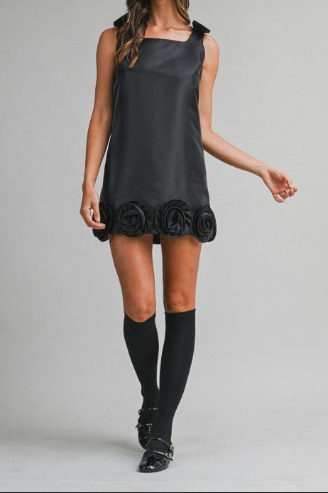 Ribbon Soulder Strap Mini Dress With Rosette Hem