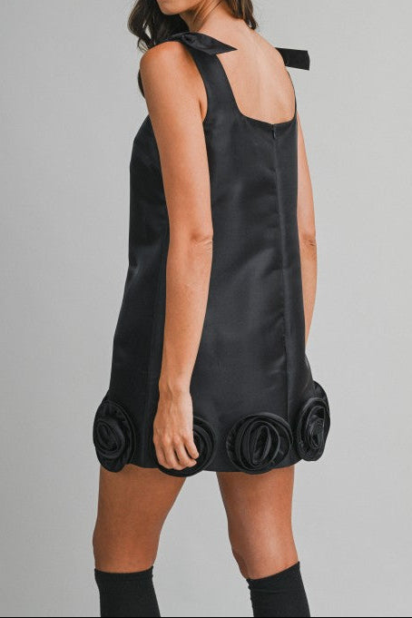 Ribbon Soulder Strap Mini Dress With Rosette Hem