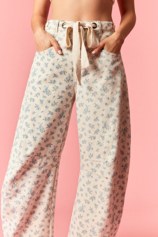 Eyelet Belt Floral Print Denim Barrel Pants
