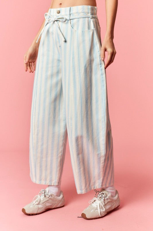 Multi Stripe Twill Denim Belt Strap Barrel Jeans