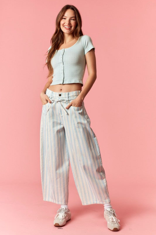 Multi Stripe Twill Denim Belt Strap Barrel Jeans