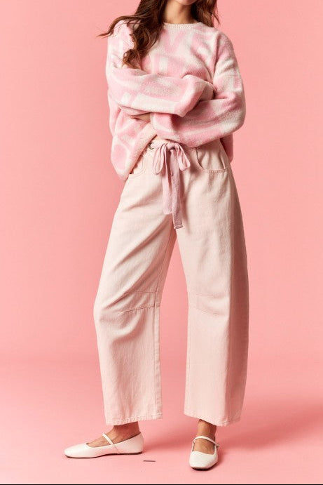 Mineral Washed Eyelet Thru Cotton Belt Barrel Light Pink Jean