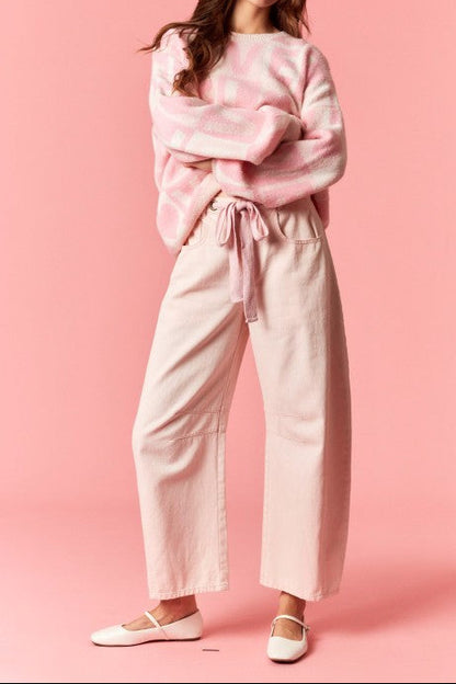 Mineral Washed Eyelet Thru Cotton Belt Barrel Light Pink Jean