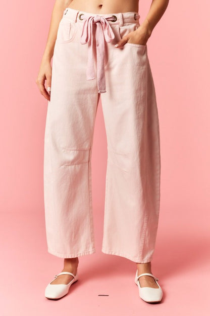 Mineral Washed Eyelet Thru Cotton Belt Barrel Light Pink Jean