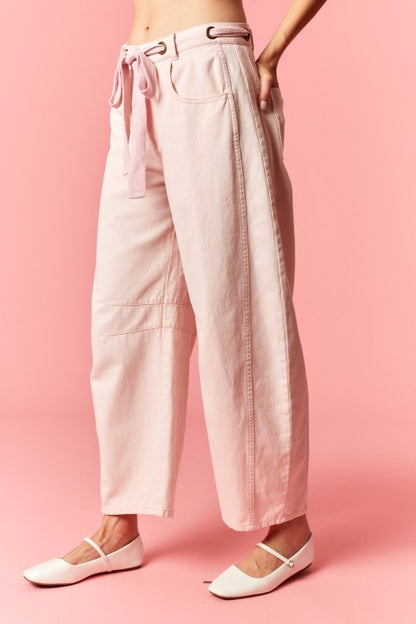 Mineral Washed Eyelet Thru Cotton Belt Barrel Light Pink Jean