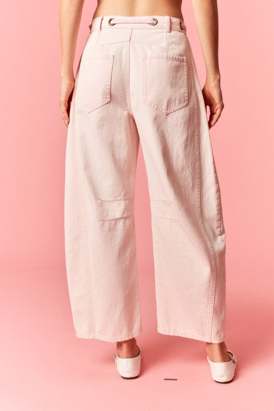 Mineral Washed Eyelet Thru Cotton Belt Barrel Light Pink Jean