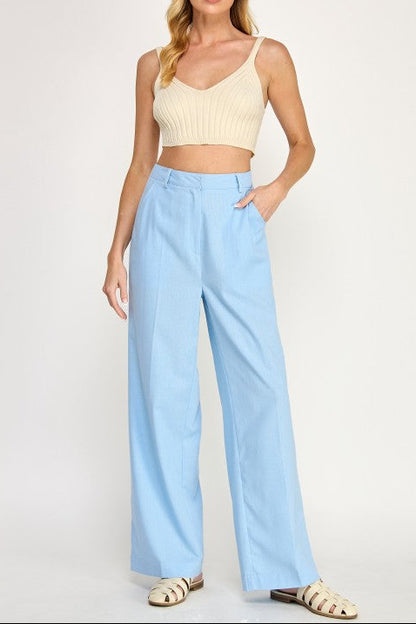 Solid Linen Blue Long Pants