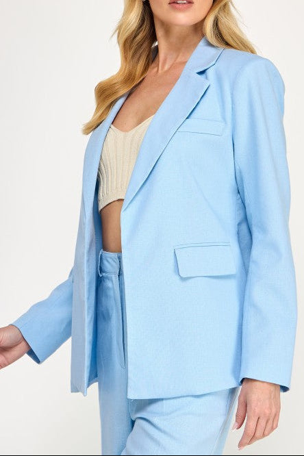 Solid Linen Notched Lapel Flap Open Front Jacket
