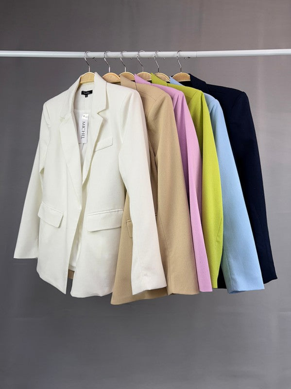 Solid Linen Notched Lapel Flap Open Front Off White Jacket
