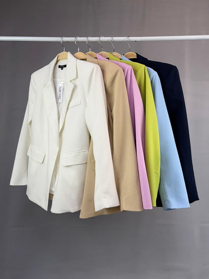 Solid Linen Notched Lapel Flap Open Front Off White Jacket