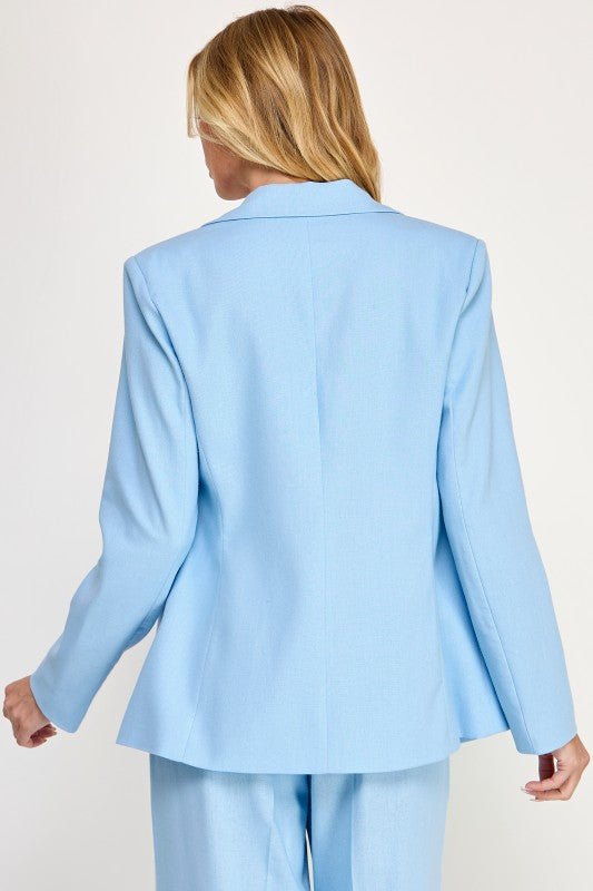 Solid Linen Notched Lapel Flap Open Front Jacket