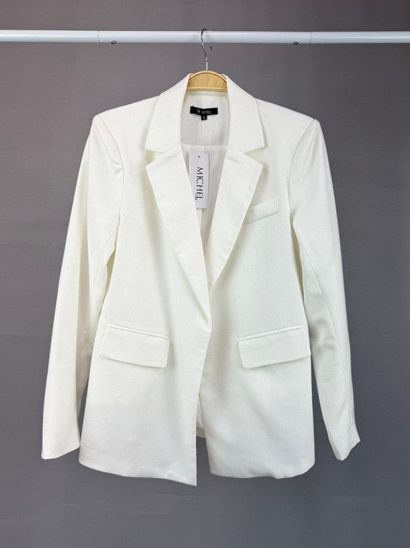 Solid Linen Notched Lapel Flap Open Front Off White Jacket