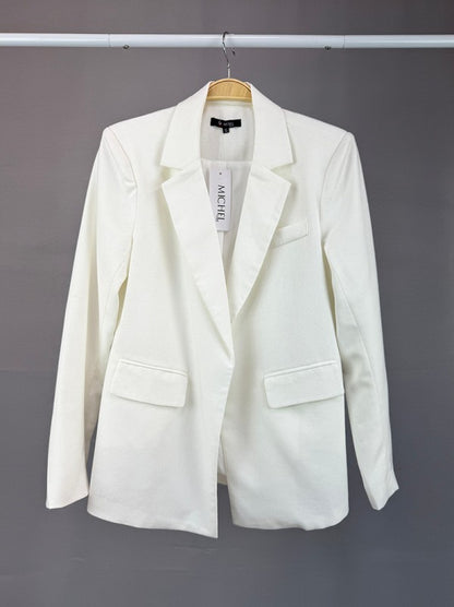 Solid Linen Notched Lapel Flap Open Front Off White Jacket