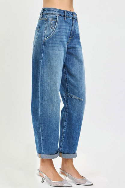 Slouchy Cropped Barrel Jeans With Cuffed Hem
