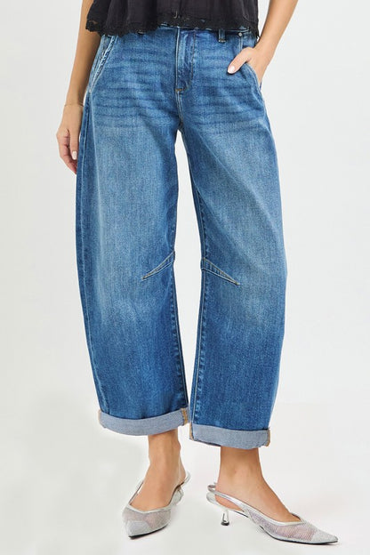 Slouchy Cropped Barrel Jeans With Cuffed Hem