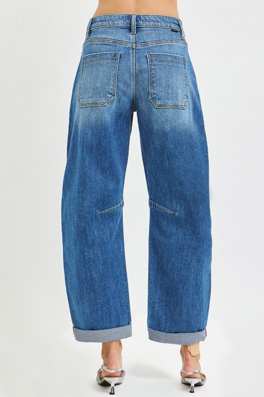 Slouchy Cropped Barrel Jeans With Cuffed Hem
