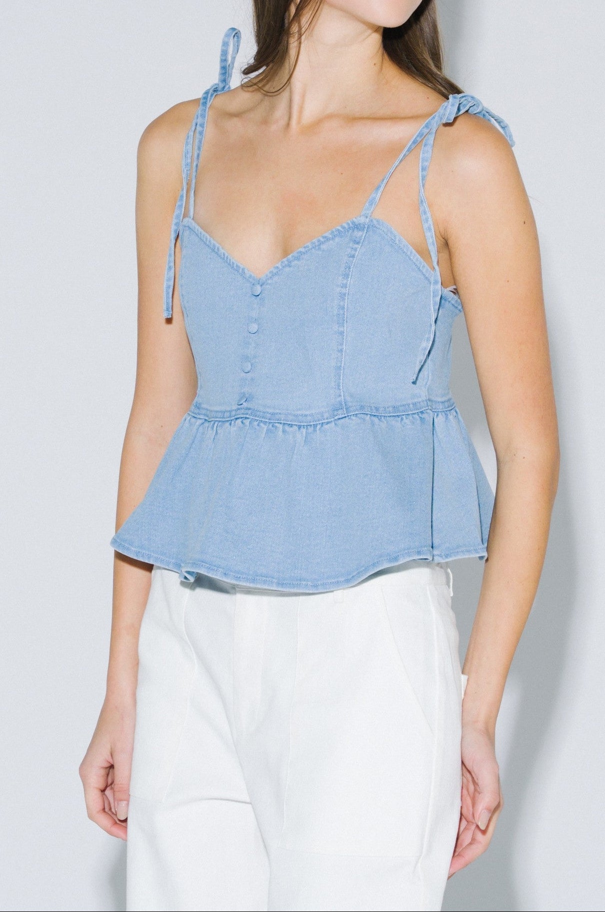 Shoulder Tie Straps Denim Peplum Top