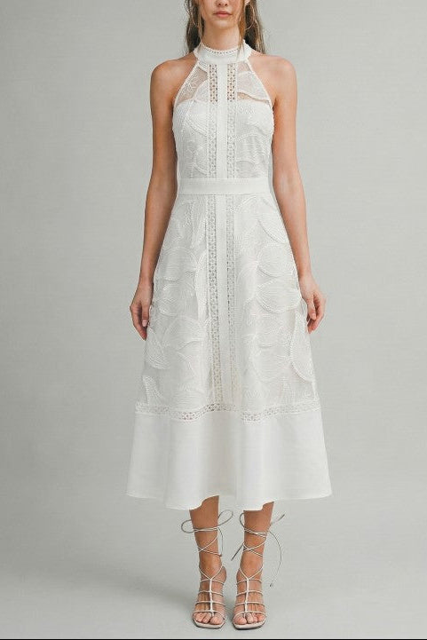 High Neck Lace Midi Dress